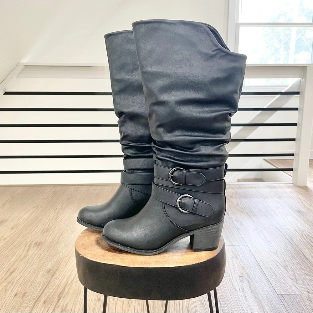 NWT 8 Black, vegan faux leather double buckle block heel knee-high boots - Picture 4 of 9